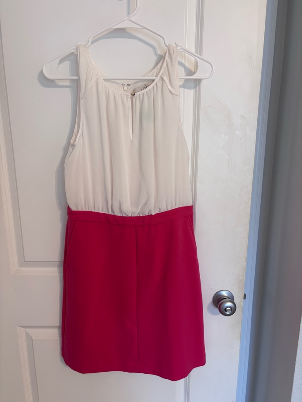 LOFT Two-Tone Sleeveless Dress in Cream and Bright Pink